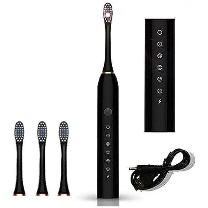 Szónikus elektromos fogkefe, 6 üzemmód, fekete, 42.000 VPM, IPX7, USB, 12x3cm
