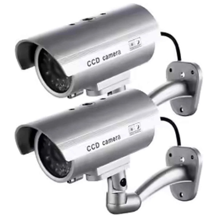 Set 2 camere false supraveghere, LED rosu, rezistente apa, 12x6cm, argintiu