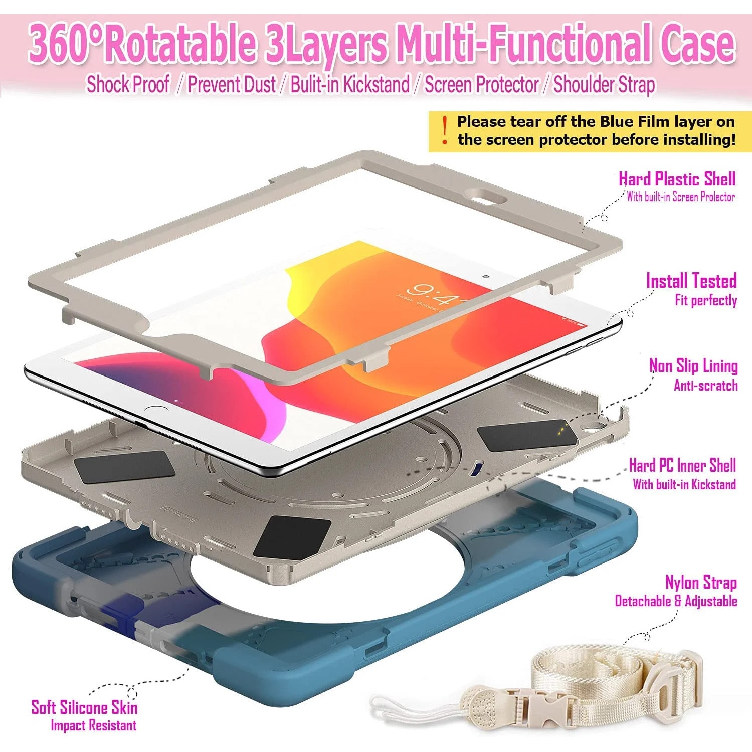 Husa pentru iPad ZYBLSSBB LSM2xh1139-BCS0039337, robusta antisoc pentru copii cu protectie de ecran, suport 360° rotativ, suport pentru Apple Pencil si curea reglabila, multicolor, compatibil 10.2” iPad (7./8./9. generatie)