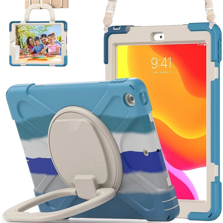 Husa pentru iPad ZYBLSSBB LSM2xh1139-BCS0039337, robusta antisoc pentru copii cu protectie de ecran, suport 360° rotativ, suport pentru Apple Pencil si curea reglabila, multicolor, compatibil 10.2” iPad (7./8./9. generatie)