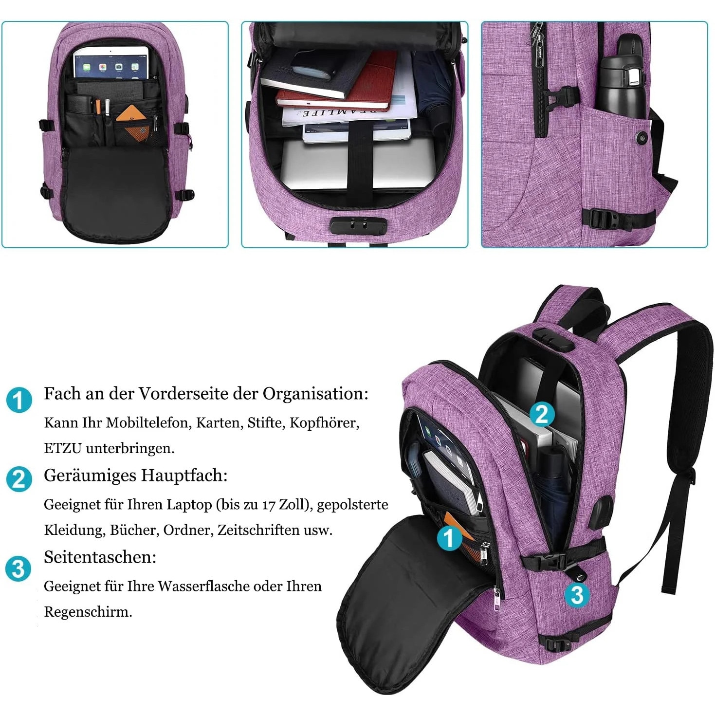 Rucsac laptop impermeabil multifunctional, violet, 49x29x14cm
