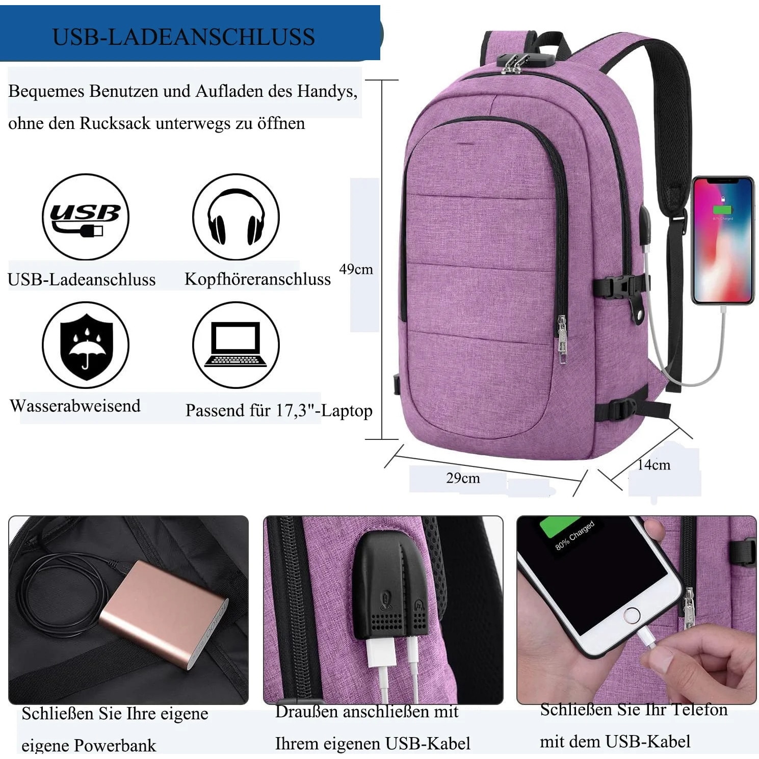 Rucsac laptop impermeabil multifunctional, violet, 49x29x14cm