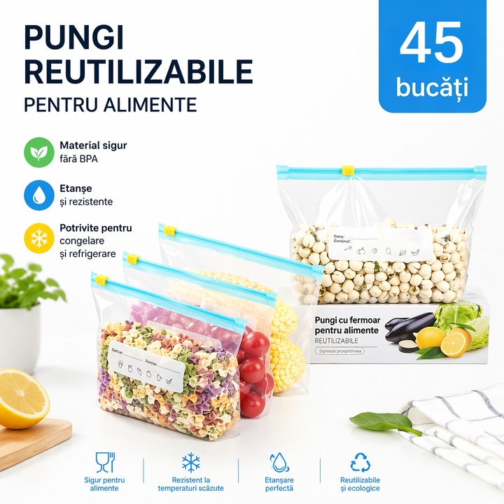 Pungi reutilizabile pentru alimente 45 buc, 500ml/1000ml/2000ml, inchidere glisanta, pentru frigider si congelator