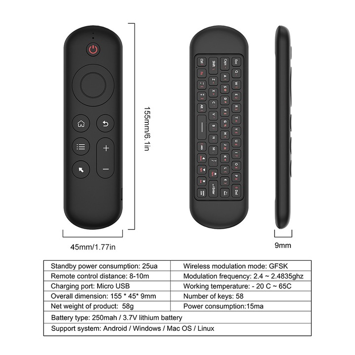Telecomanda RF 2.4G 58 taste negru 15x4.5x0.9cm set