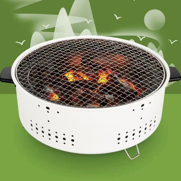 Gratar rotund multifunctional, fier gros, alb, dimensiuni mici