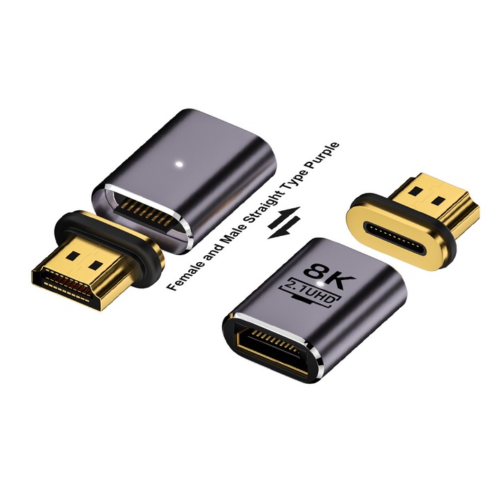 Mágneses HDMI 2.1 adapter, 8K, aranyozott, 27x21x10mm, lila