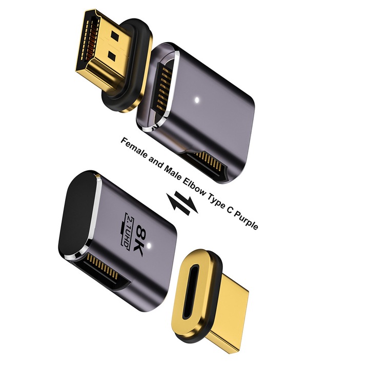Магнитен адаптер HDMI 2.1, ъглов, златист, 27x21x10mm
