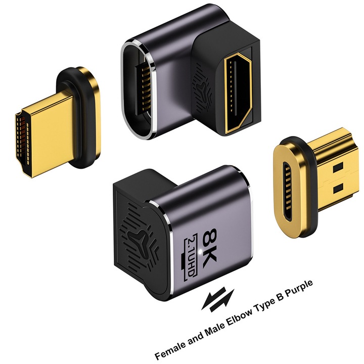 Магнитен адаптер HDMI 2.1, ъглов, златист и лилав, 27x21x10mm