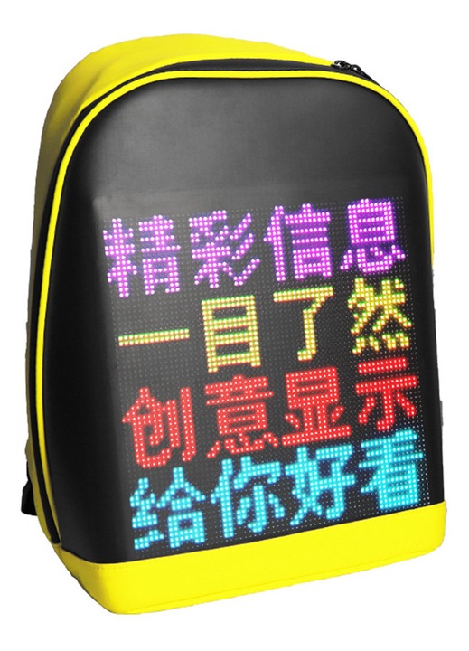 Rucsac LED cu ecran color, afisaj 25x25cm, galben, 43x30x13cm