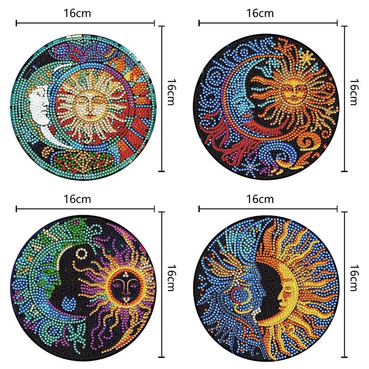 Set 4 suporturi lemn pictate diamant Soare si Luna 16x16x0.4cm multicolor