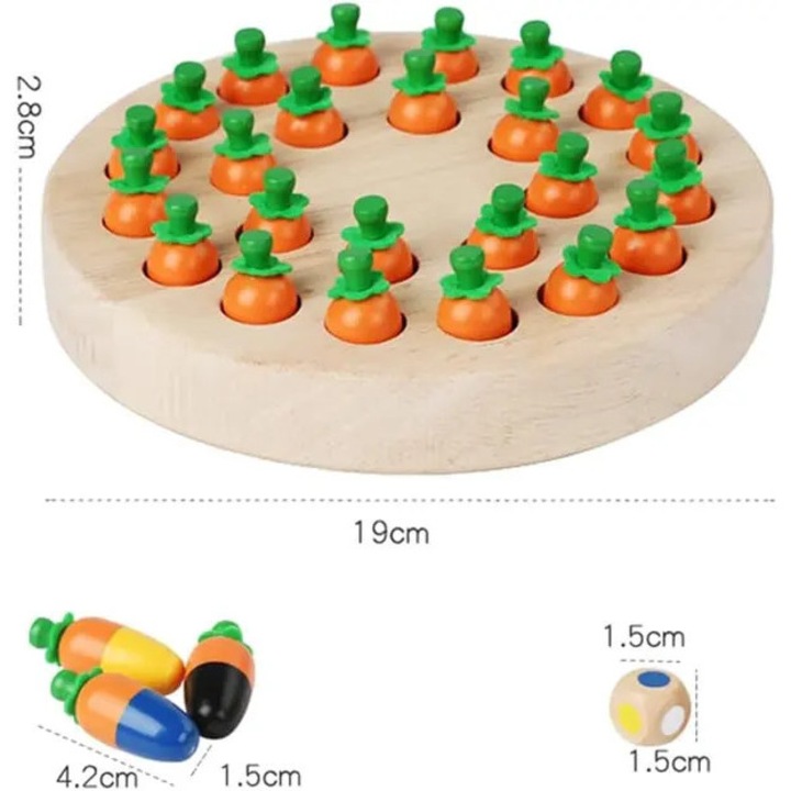 Joc de memorie din lemn, Montessori, morcov, multicolor, 3 ani+