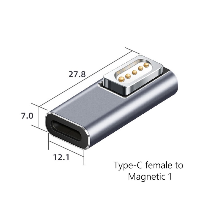 Adaptor magnetic Type-C la PD, 5A, gri, 28x12mm, pentru MacBook Air Pro