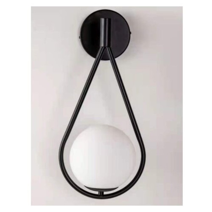 Aplica de perete rotunda retro industriala reglabila pentru interior, sferica din sticla si metal E27 pentru camera copiilor, camera de zi, scara (negru)