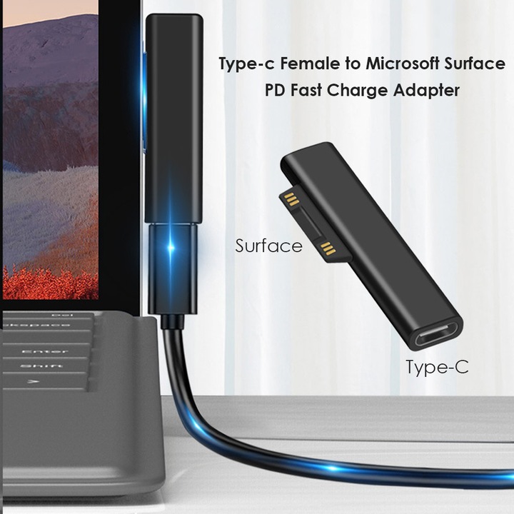 Адаптер за бързо зареждане USB C, 15V 3A, за Microsoft Surface, черен, 46.5x11.5x6.5mm