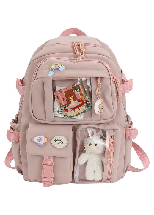 Női rózsaszín nylon hátizsák 40x30x11cm nagy kapacitású többzsebes