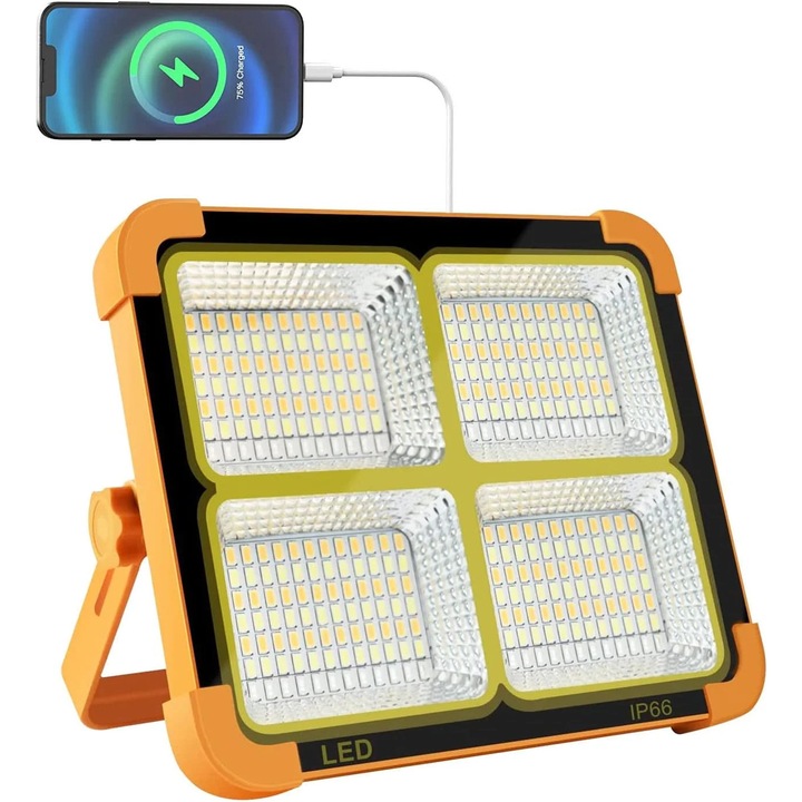 Proiector LED portabil ZYBLSSBB LSM2xh152-BCS0033237-2, 100W, 10.000 lm, reincarcabil cu panou solar, 5 moduri, functie powerbank, IP66, portocaliu/negru