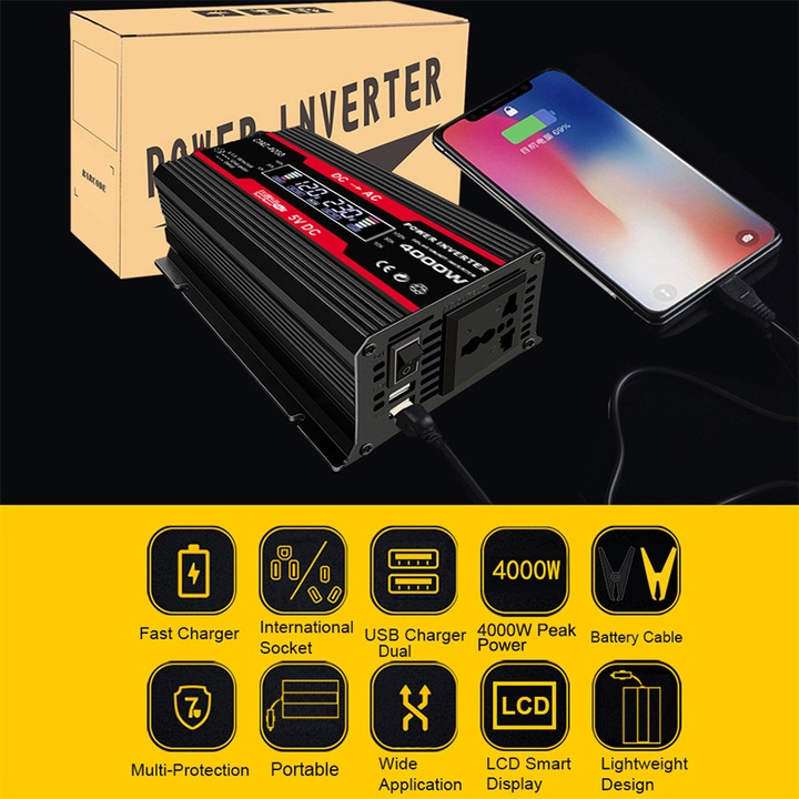 Инвертор за кола 300W 12V към 220V модифицирана синусоида черен 20x11x6см