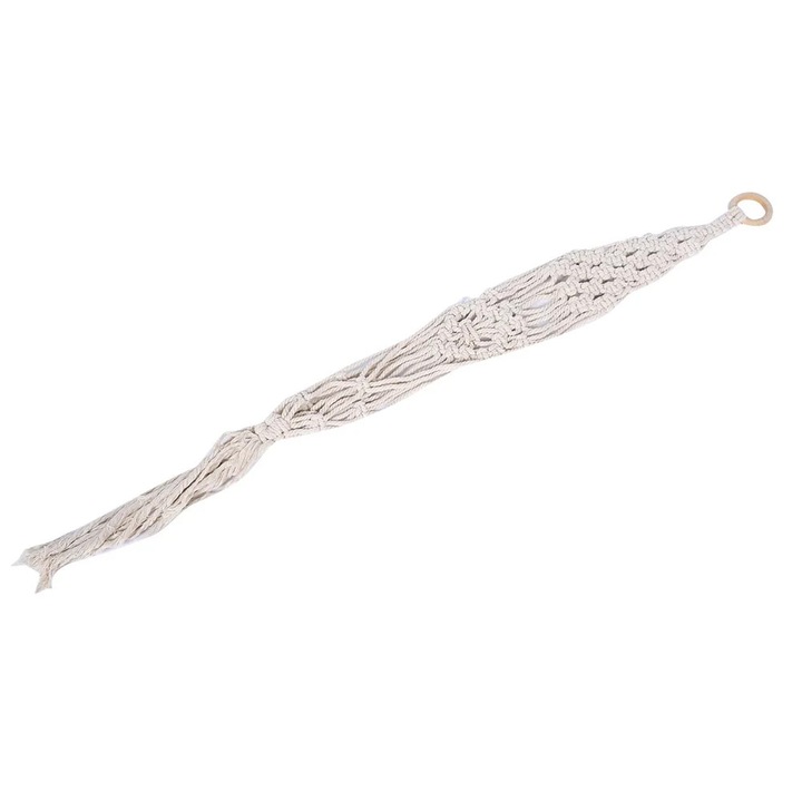 Suport ghiveci macrame, bumbac, inel lemn, 100cm, alb