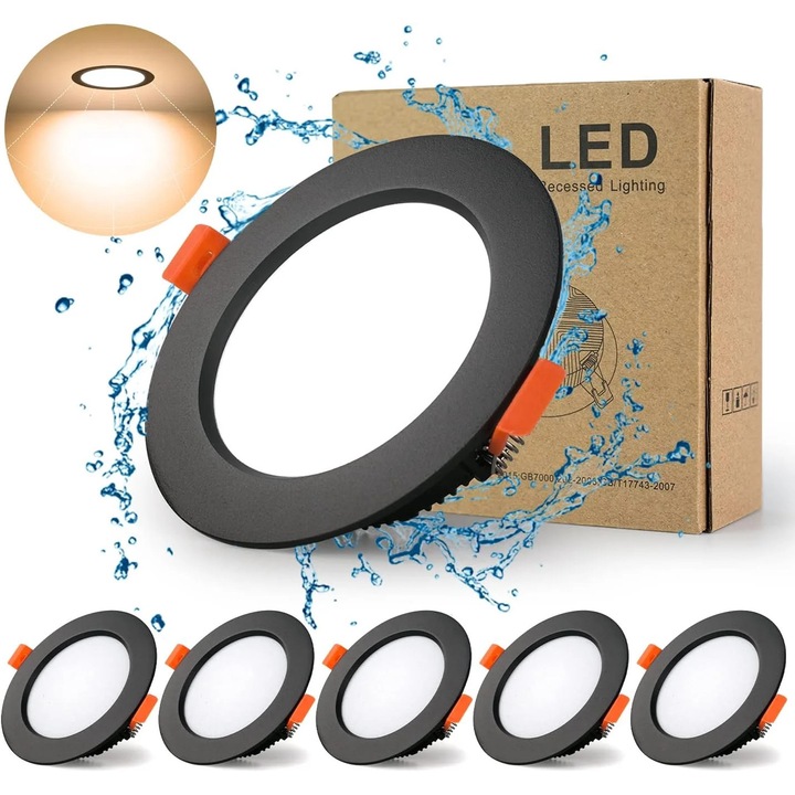 Spoturi LED incastrate negre, set 5 buc, 7W 700lm, alb cald, rotund, ultra-subtire
