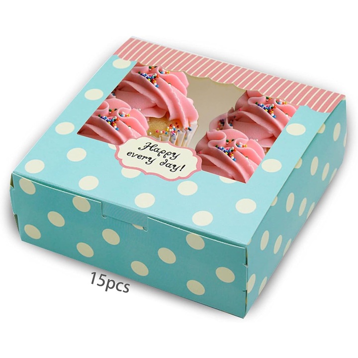 15 darabos tortadoboz készlet, esküvői tortadoboz, átlátszó cupcake doboz, karton tortadoboz, moubarak segéddoboz, macaron, cukrászdoboz, sütemény- és muffin doboz, ablakkal, 13,5 x 13,5 x 5 cm