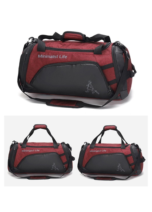 Unisex fitnesz táska, nylon, nagy kapacitású, fekete/piros, 53x25x26cm