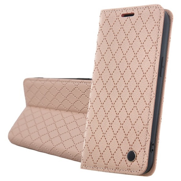 Gigapack mobiltelefon tok álló, bőr hatású, flip, oldalra nyíló, asztali tartó, 3d rombusz, kártyatartó, bézs, kompatibilis: Galaxy A26 5G