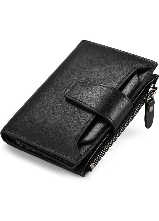 Portofel mic din piele pentru barbati, cu fermoar, cu blocare RFID, portcard si fereastra pentru ID, negru