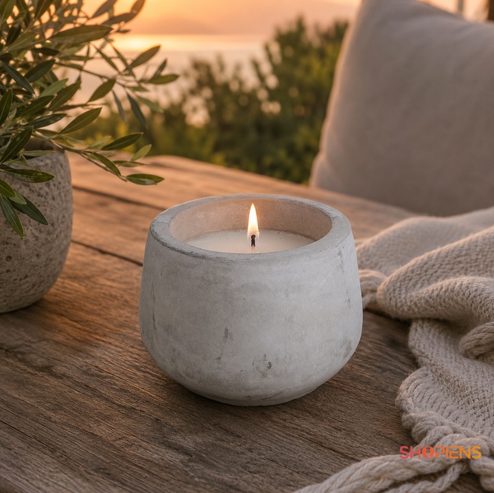 Fehér Citronella Illatú Gyertya Ovális Szürke Cement Edényben 11x9cm 910g Udvarra, Pavilonokba, Szezonális Asztalokra és Pihenőhelyekre