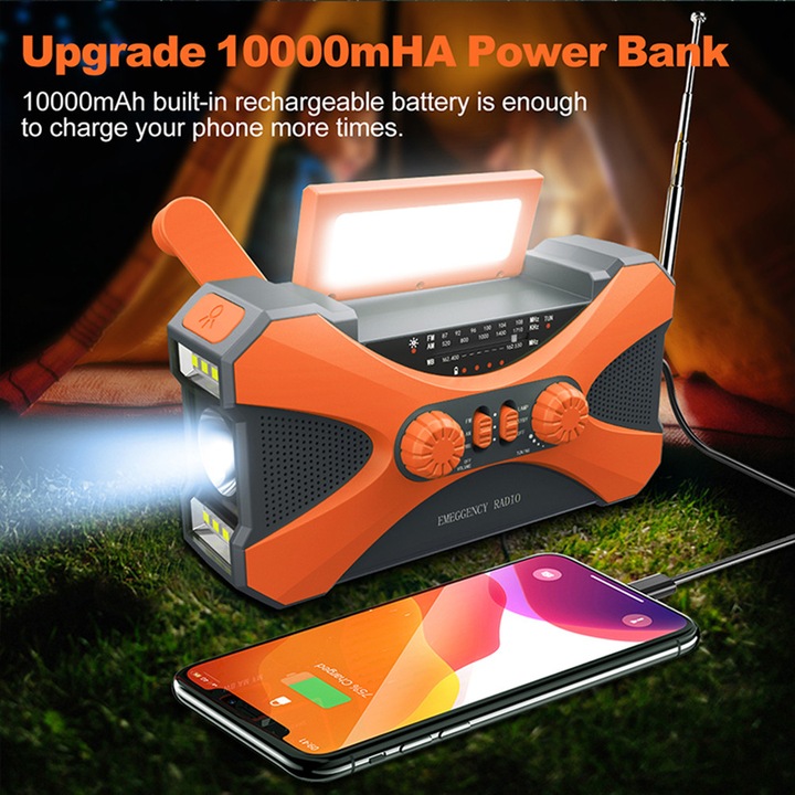 Преносимо аварийно радио, 10000mAh, соларно, с манивела, двоен високоговорител, зелено-оранжево, 16.5x5.8x8.9cm
