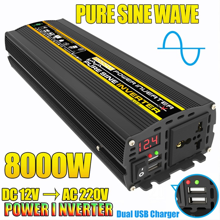 Инвертор за кола 8000W, черен, 21x10.3x6см, LED дисплей, алуминий-ABS