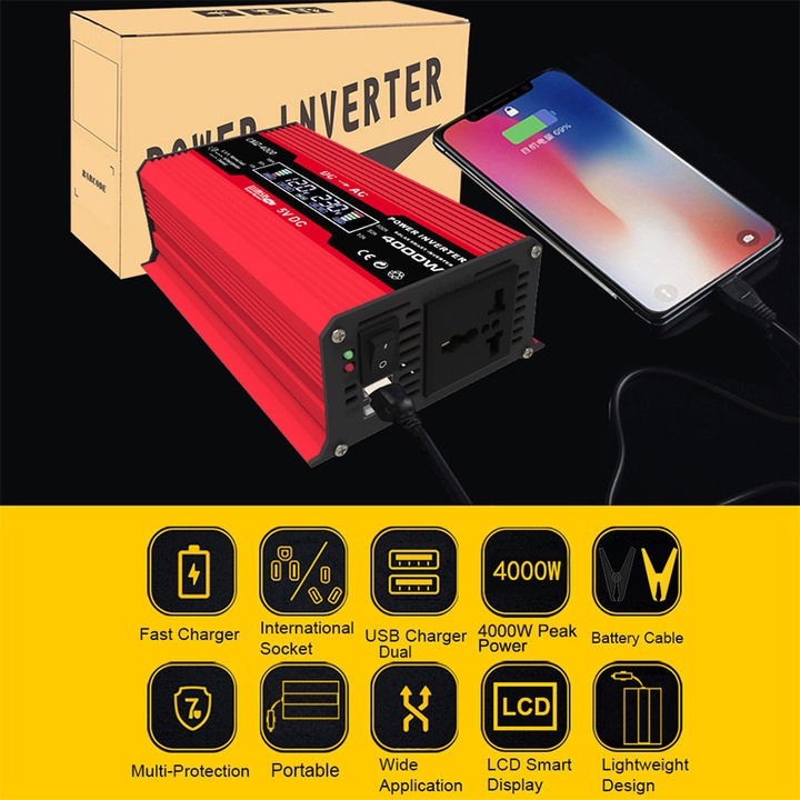 Инвертор за кола 300W 12V към 110V модифицирана синусоида червен 20x11x6cm