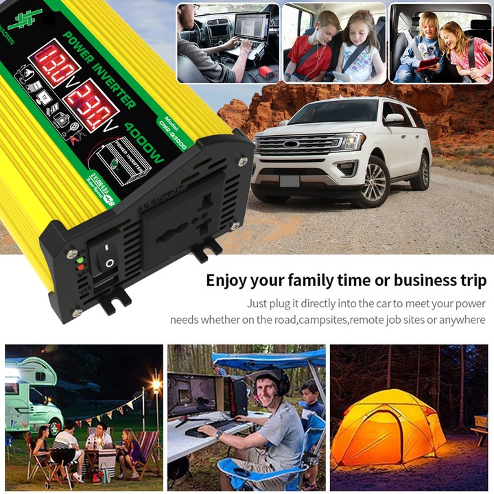 Инвертор за кола 300W, двоен USB, жълт, 16.5x10x7.8cm