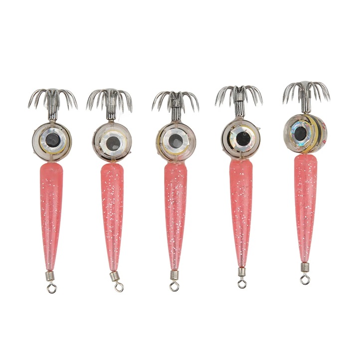 Set 5 carlige pescuit LED, otel carbon, rosu, 75x18mm