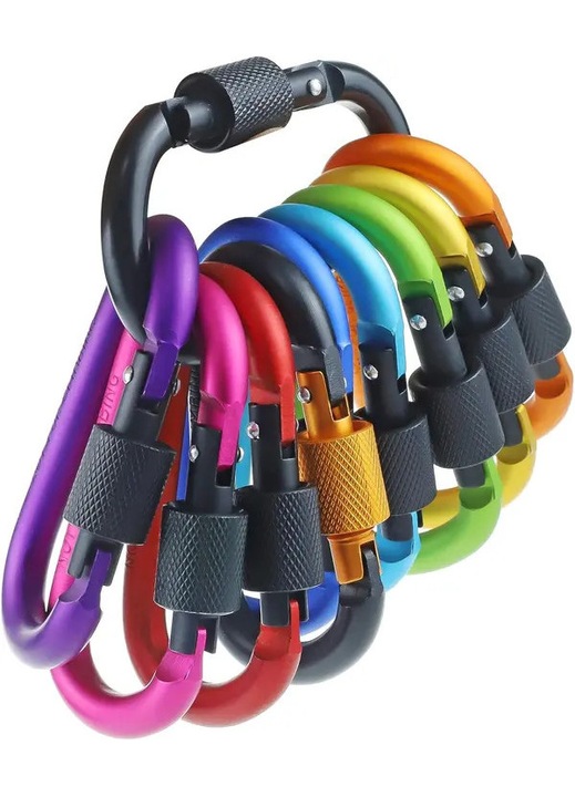 Szett 10 db többszínű alumínium karabiner 6x4cm kempingezéshez, túrázáshoz