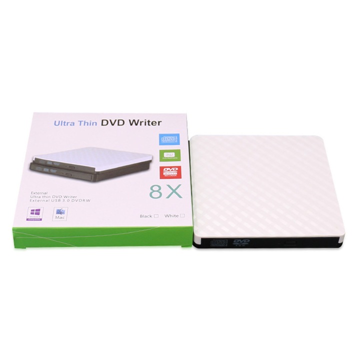 Unitate optica externa DVD RW, USB 3.0, alb, 14x14.5x1.5cm