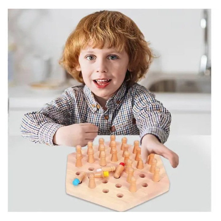 Set sah din lemn, joc educativ, multicolor, 21x19cm, 24 piese