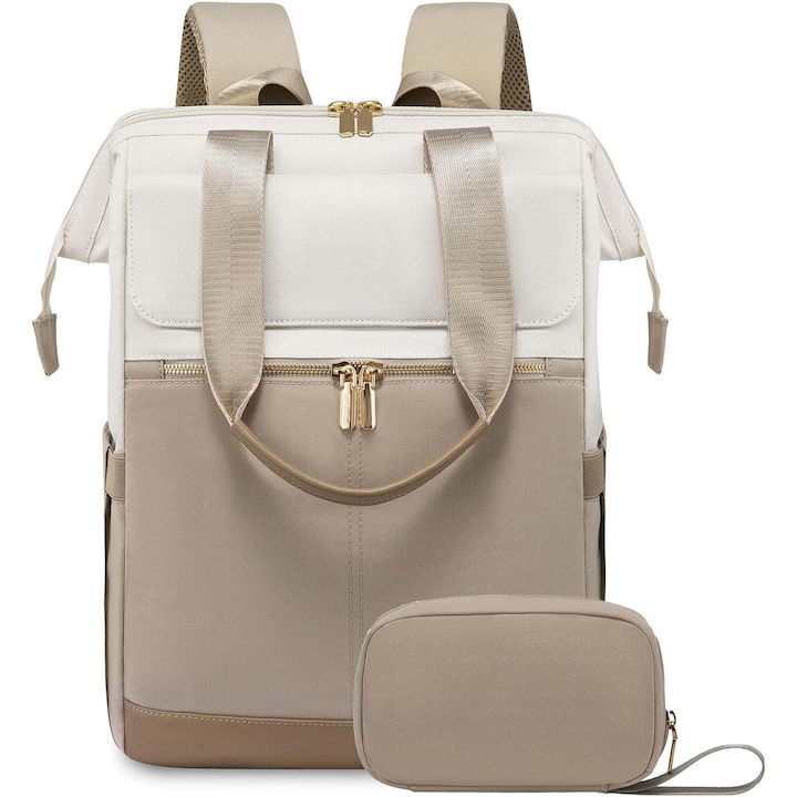 Rucsac femei capacitate mare, zezoketay® geanta multifunctionala cu 3 compartimente, geanta laptop 15.6 inch cu buzunar antifurt, impermeabil, set 2 in 1 cu geanta cosmetica, rucsac de oras si voiaj pentru femei, Alb si maro