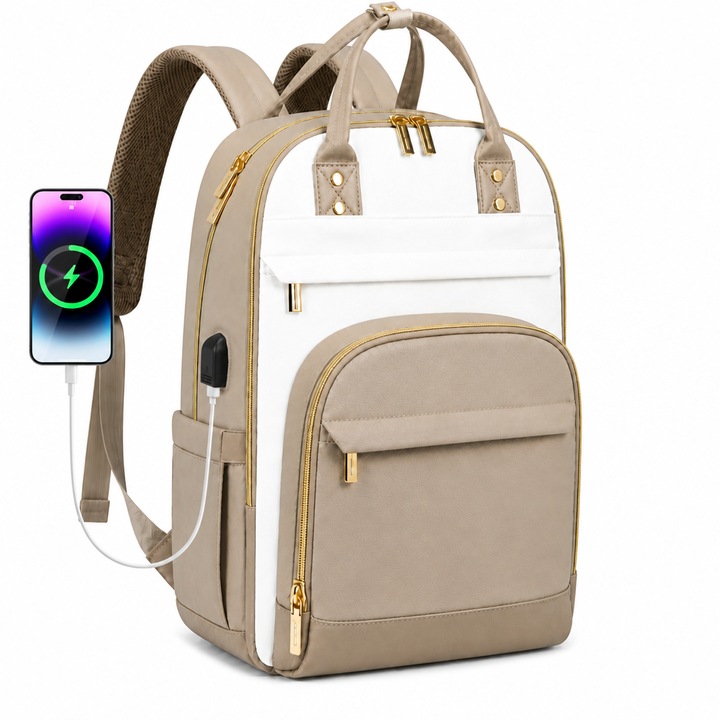 Rucsac dama, zezoketay® geanta laptop dama 15.6" cu port USB si buzunar antifurt, impermeabil, cu 26 buzunare si curea pentru troller, ghiozdan multifunctional pentru liceu, facultate, naveta, munca si voiaj, alb maro