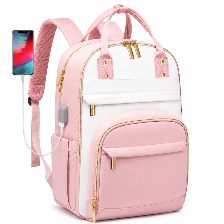 Rucsac dama, zezoketay® geanta laptop dama 15.6" cu port USB si buzunar antifurt, impermeabil, cu 26 buzunare si curea pentru troller, ghiozdan multifunctional pentru liceu, facultate, naveta, munca si voiaj, alb rozaliu