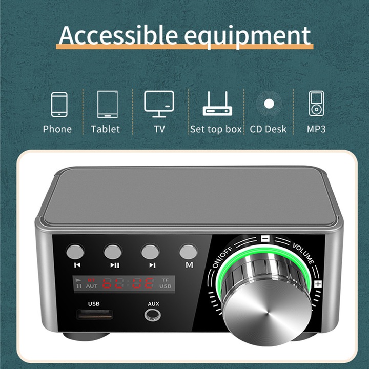 Amplificator digital 50Wx2, CS8673E, Bluetooth 5.0, argintiu, 100x50mm