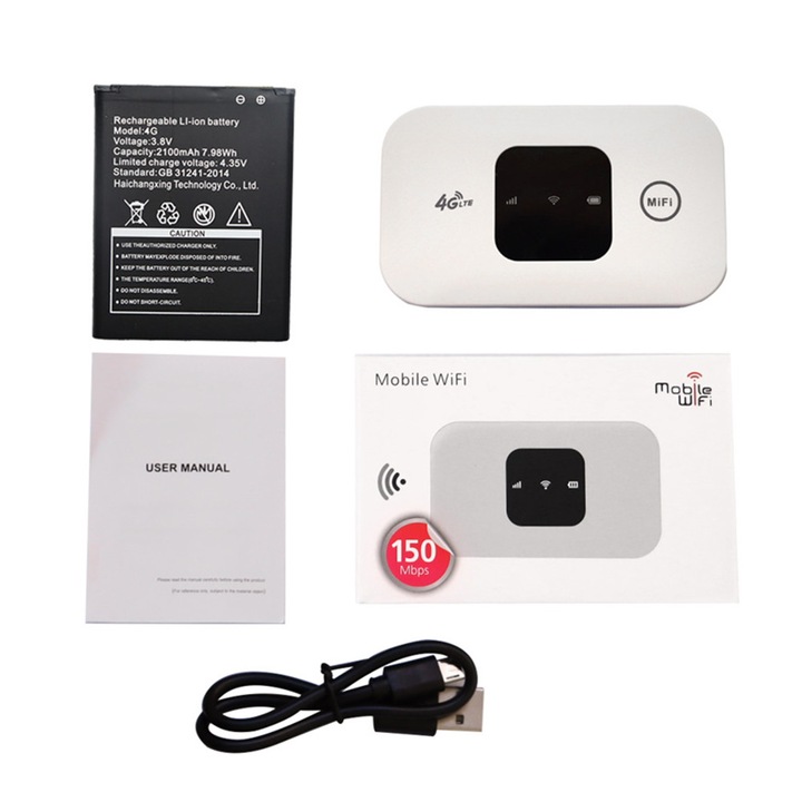 4G vezeték nélküli router, 150Mbps, fehér, 9.8x5.3x0.8cm, 2100mAh akkumulátor