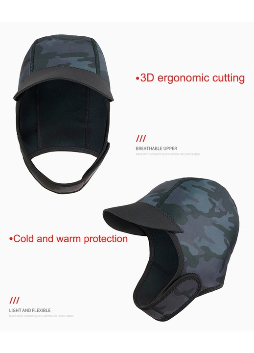 Caciula neopren barbati femei, 2mm, camuflaj, 15x10x2cm