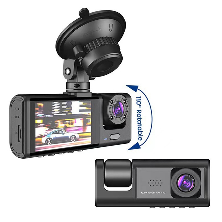 Camera auto DVR 3 lentile, negru, 140x110x70mm, 2 inch
