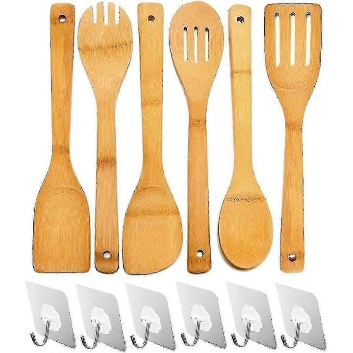 Konyhai eszköz készlet, 6 részes, bambusz, 30cm, natúr, multifunkcionális