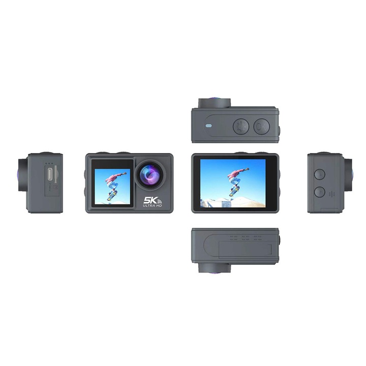 Sport videokamera dupla kijelzővel, 5K, vízálló, 2.0 IPS, 128GB, 230x120x59mm