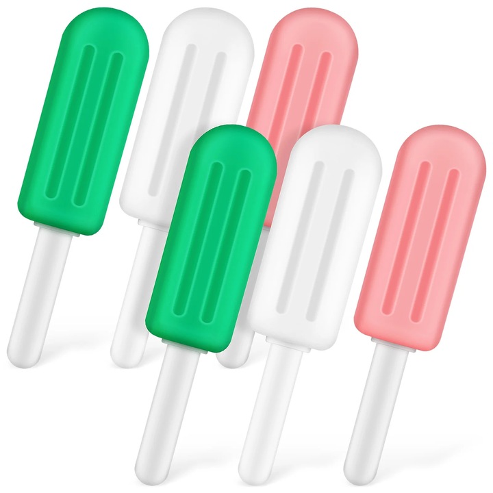 Set 6 bucati jucarii dentitie silicon, forma popsicle, marime 5.5x1.3cm, multicolor