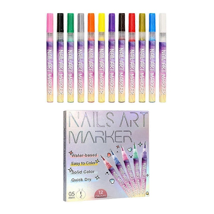 12 darabos körömdíszítő marker készlet, 0.5mm hegy, vízálló, gyorsan száradó