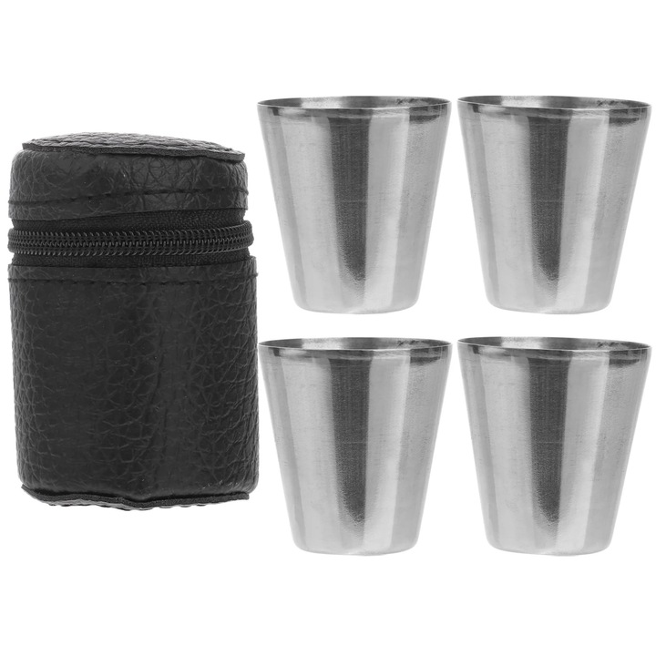 Set 4 pahare inox 30ml cu husa piele neagra pentru camping