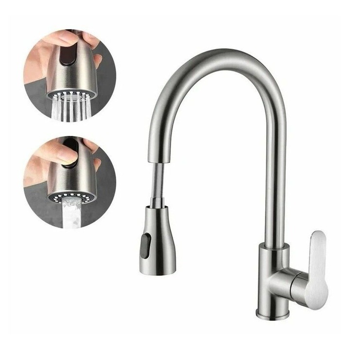 Konyhai csaptelep, OEM, inox, kihúzható, ezüst, 41x24cm