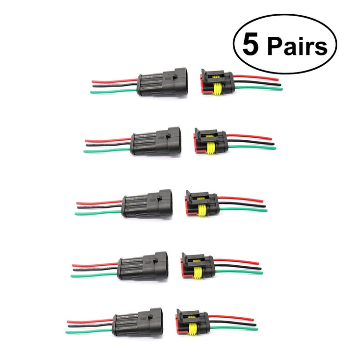 Conector electric 3 pini, 5 seturi, rezistent apa si praf, 5.4x3.2x2cm, cablu 10mm